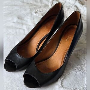 Vintage Aldo Black Peep Toe Wooden Stacked Heel Sz 10